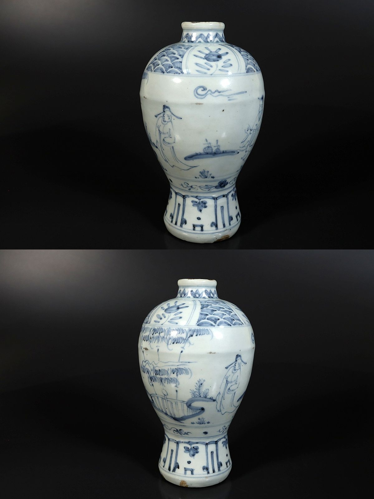 小】3951 中国古美術唐物古染付人物文花生花瓶元染付明染付古美術収集 